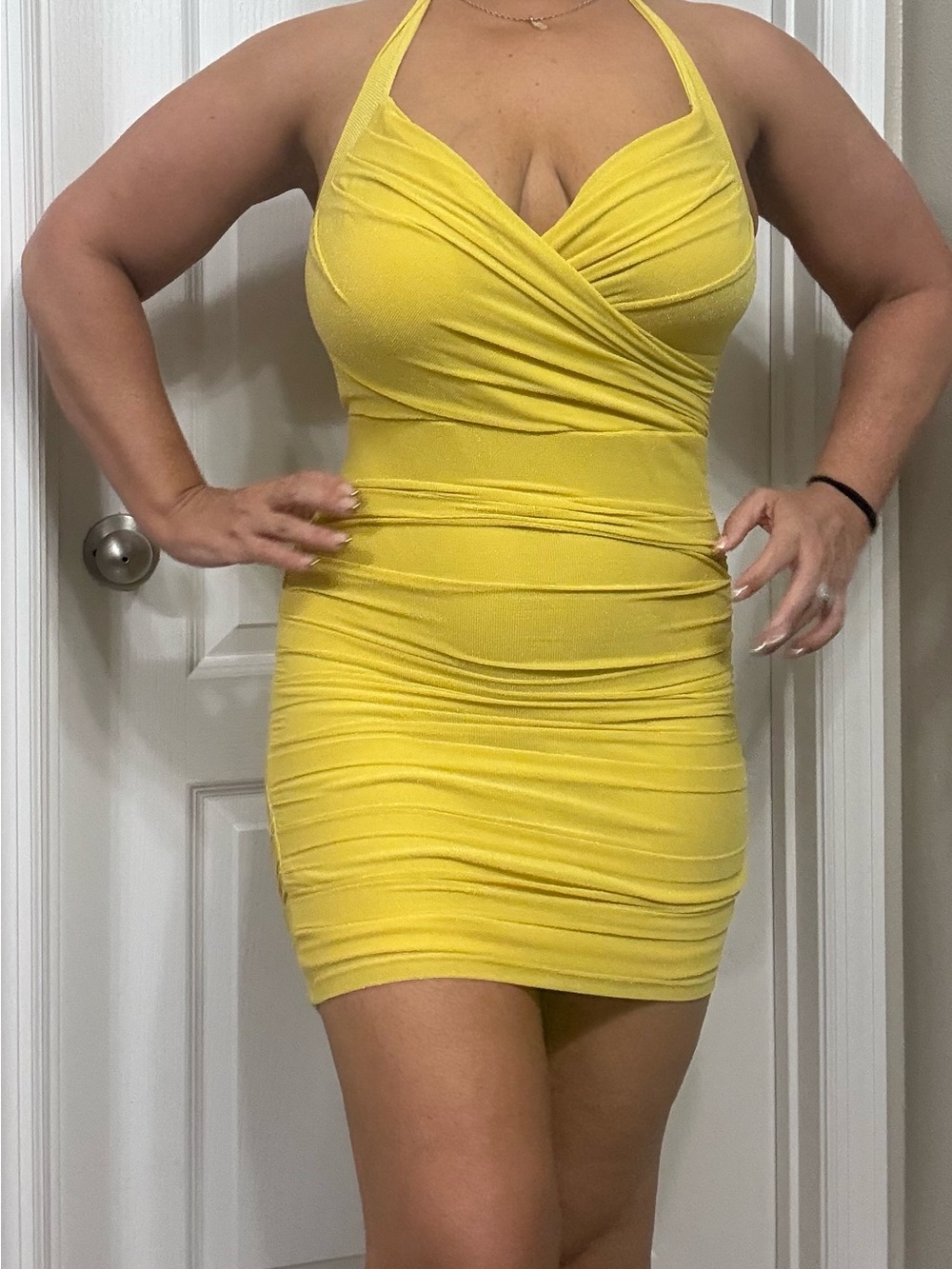 SHEIN Yellow Halter Ruched Mini Dress